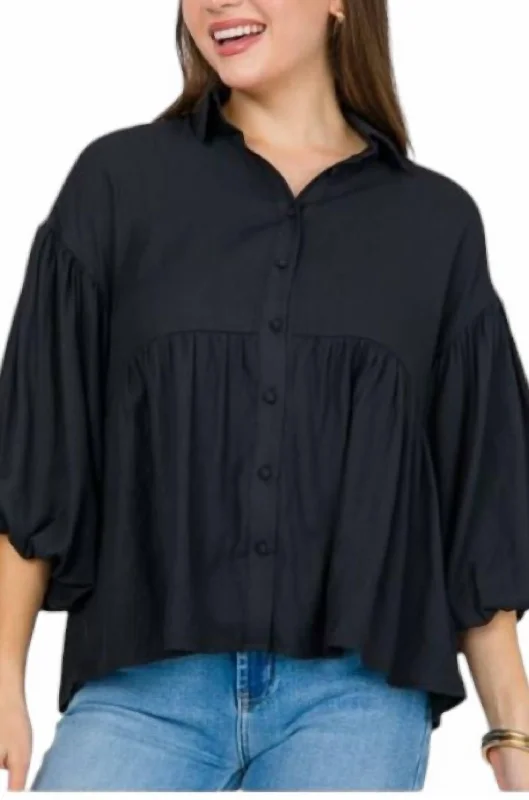 Now or Never Collared Balloon Sleeve Button Down Shirt In Black