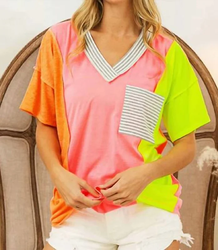 Overstock Color Block V-Neck Top In Coral/pink/n.yell