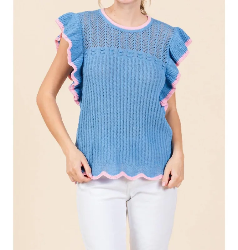 TIME-Limited Offer Color Wave Trim Summer Knit Top In Powder Blue/pink