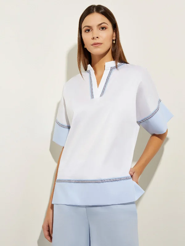 Stock Clearance Contrast Hem Split Neck Stretch Cotton Blouse