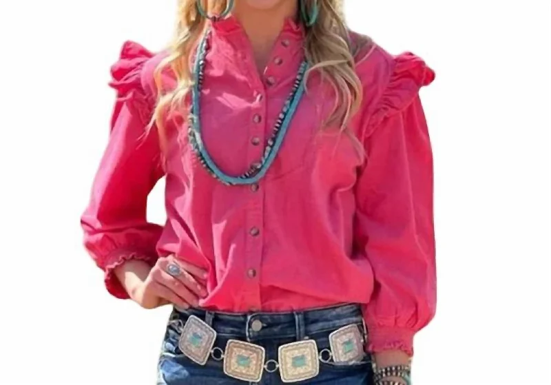 Great Deals Corduroy Flounce Shoulder Top In Hot Pink