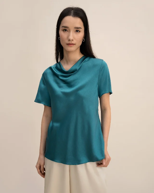 Daily Deals Cowl Neck Short Sleeves Silk Shirt for Women