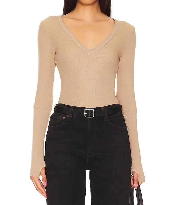 Deal of the Day Cuffed Long Sleeve V-Neck Top In Clay