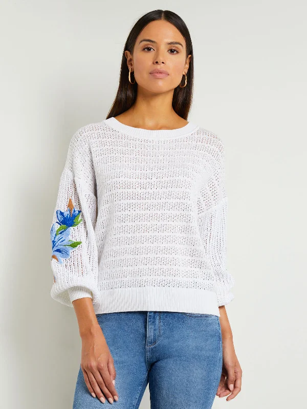 Super Deal Embroidered Pointelle Knit Balloon Sleeve Sweater