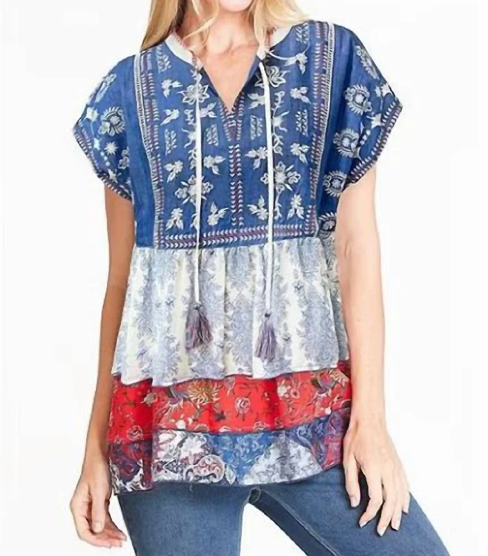 TIME-Limited Offer Embroidered Tassle Mixed Print Top In Blue And White