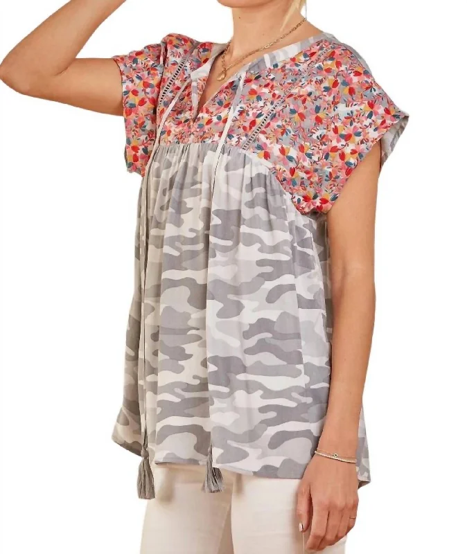 Markdowns Embroidered Top Blouse In Gray Camo