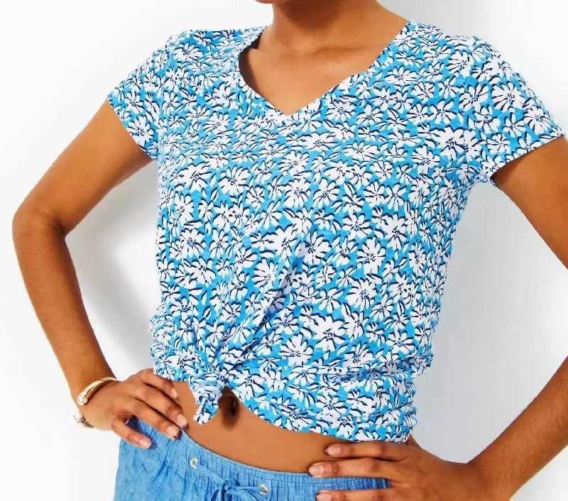 Closeout Etta V-Neck Top In Lunar Blue Palm Beach Petals