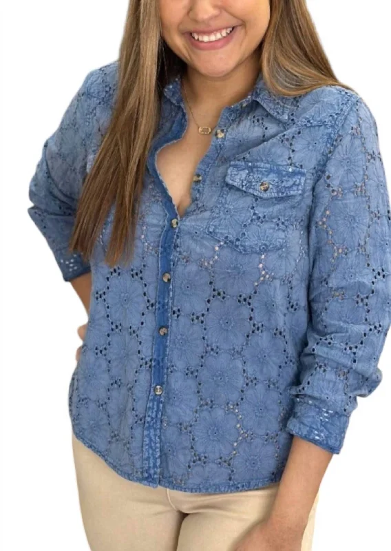 Today’s Deal Eyelet Washed Denim Shirt In Blue