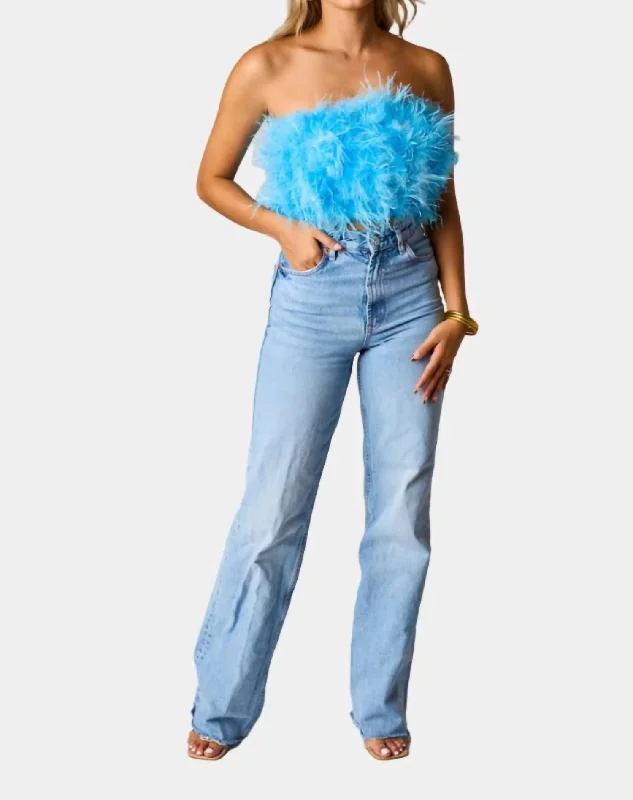 Doorbuster Deal Fancy Strapless Feather Crop Top In Azure Feather