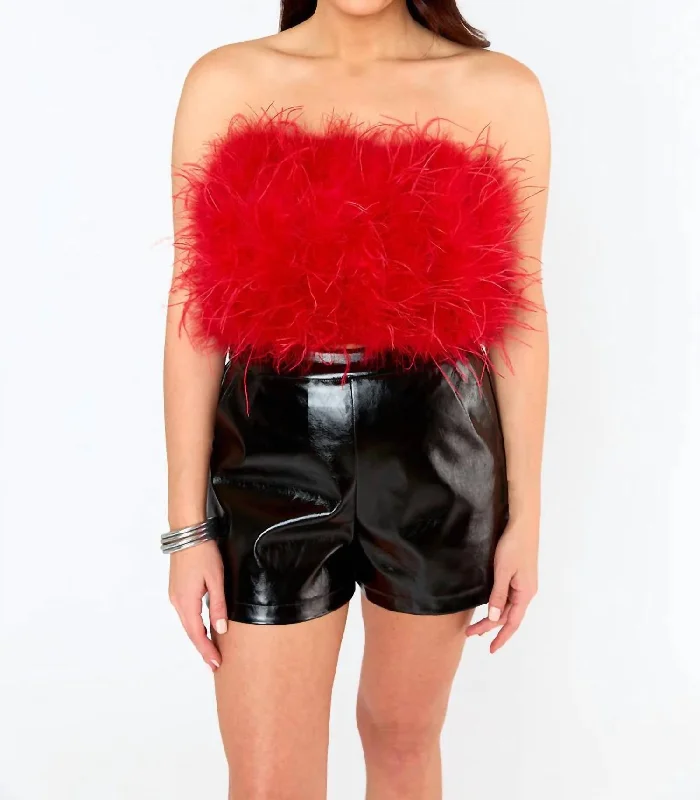 Super Savings Fancy Strapless Feather Crop Top In Crimson