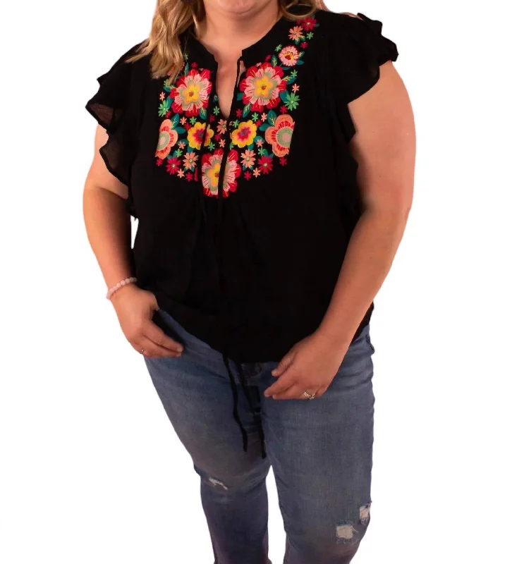 Limited Availability Flora Embroidered Flutter Sleeve Top In Black