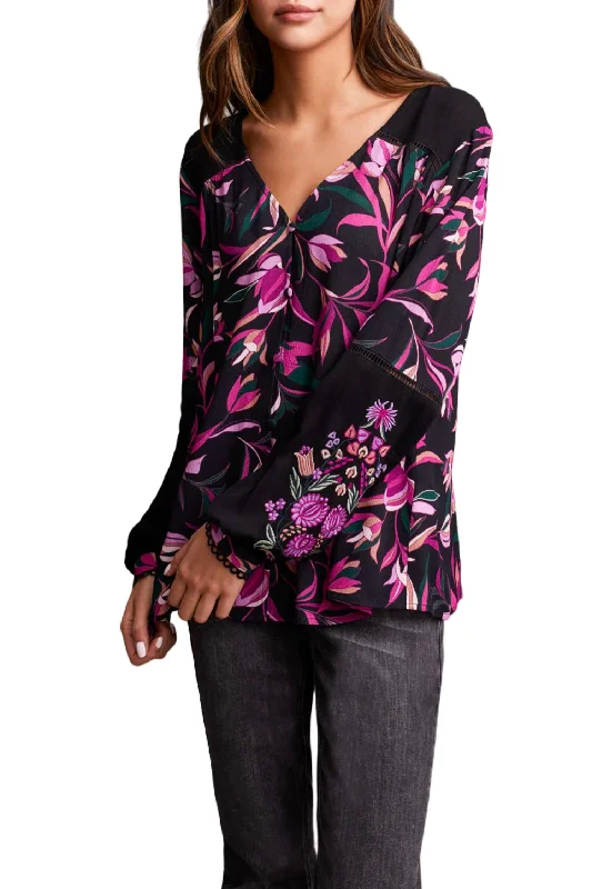 Early Bird Discount Floral Button Front Blouse With Embroidery In Deep Magenta