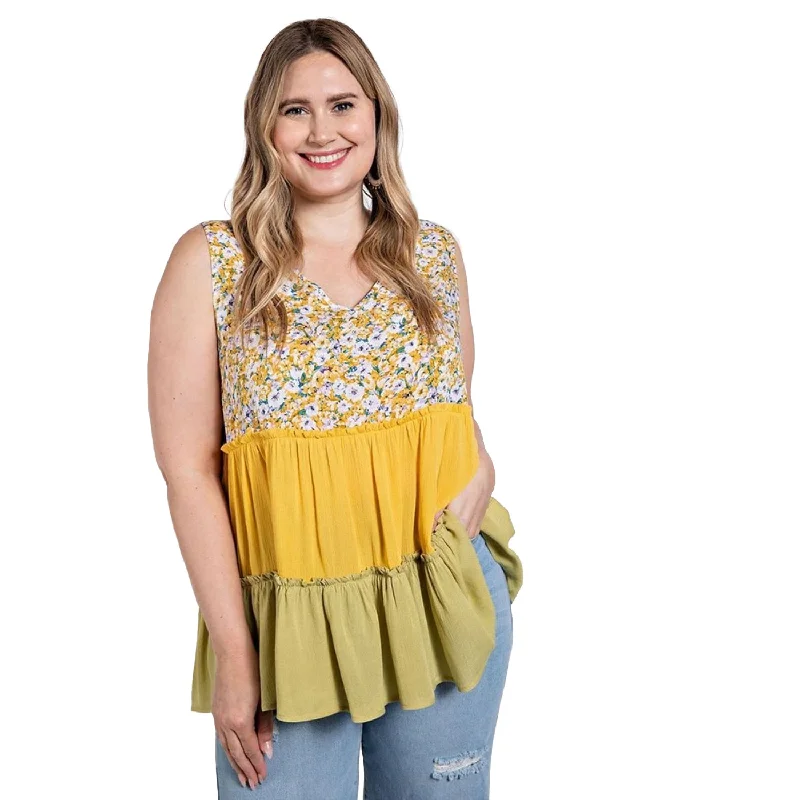 Bargain Prices Floral Color Block Ruffle Detail Tiered V-neck Top