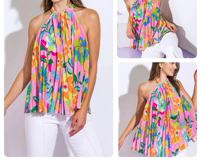 Markdowns Floral Print Halter Neck Pleated Blouse