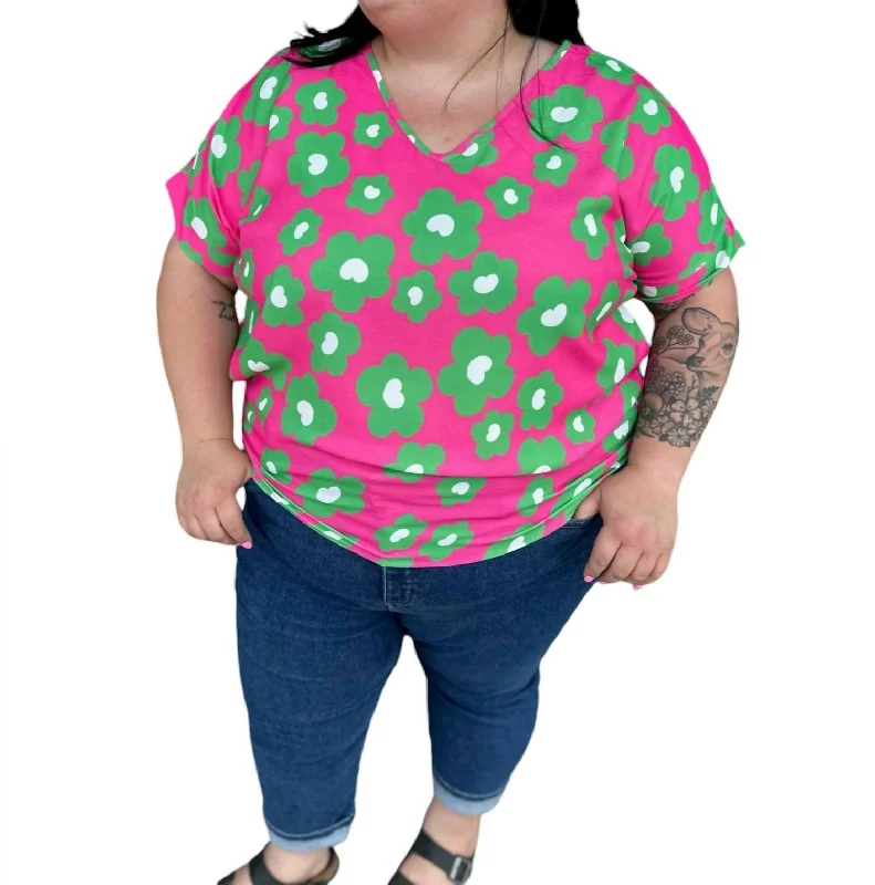 Early Access Floral Print V-Neck Top In Pink/green