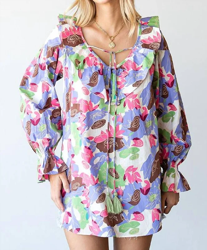 Deal Dash Floral Ruffle V-Neck Tassel Drawstring Top In White Multi