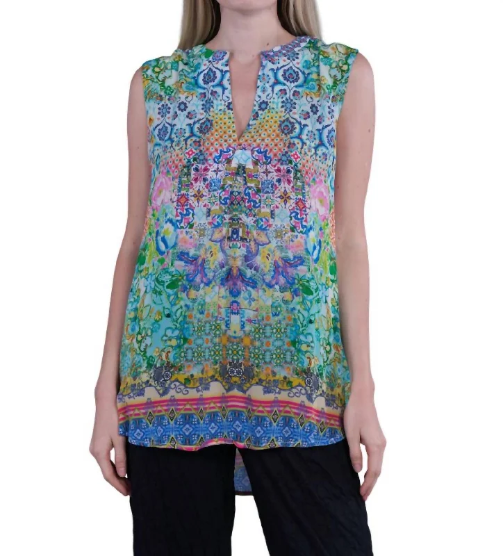 Buy Now Floral Split Neck Tank Blouse In Green
