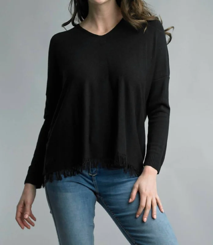 Midnight Madness Fringe Vneck Top In Black