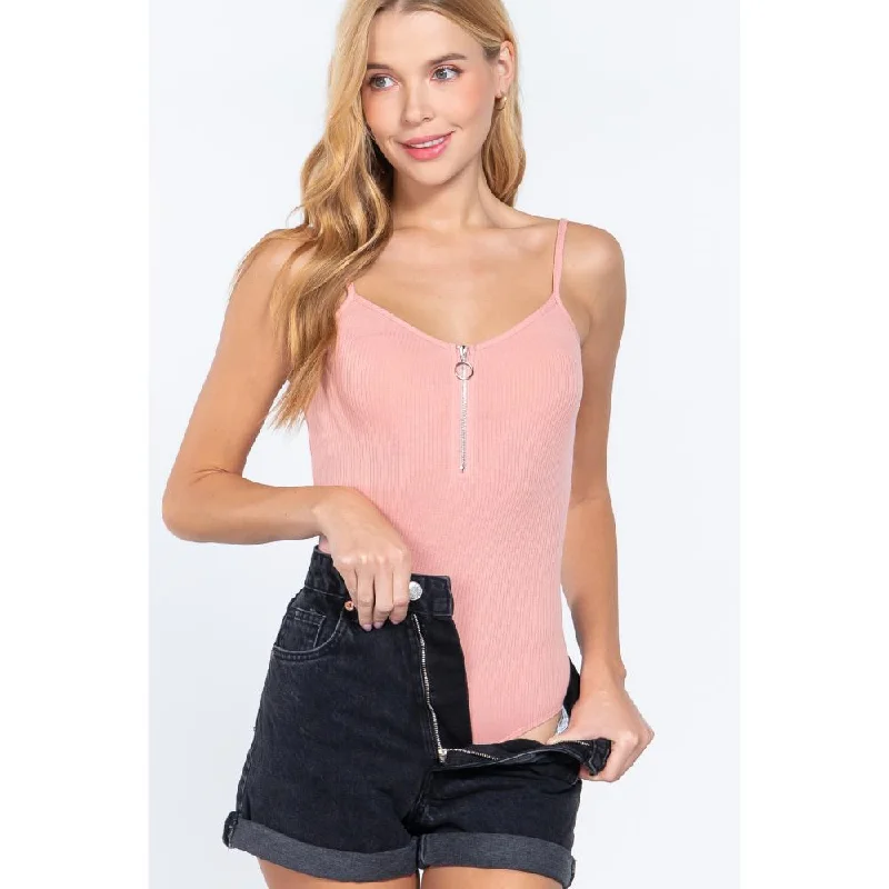 Limited Time Discount Front Zipper Rib Cami Bodysuit