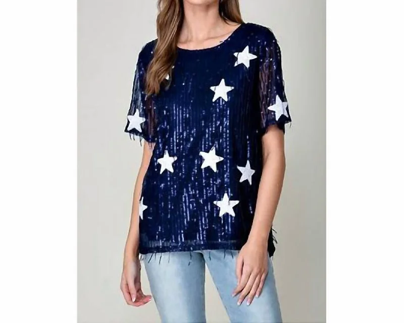 Buy Now Game Day Star Sequin Fringe Top In Navy