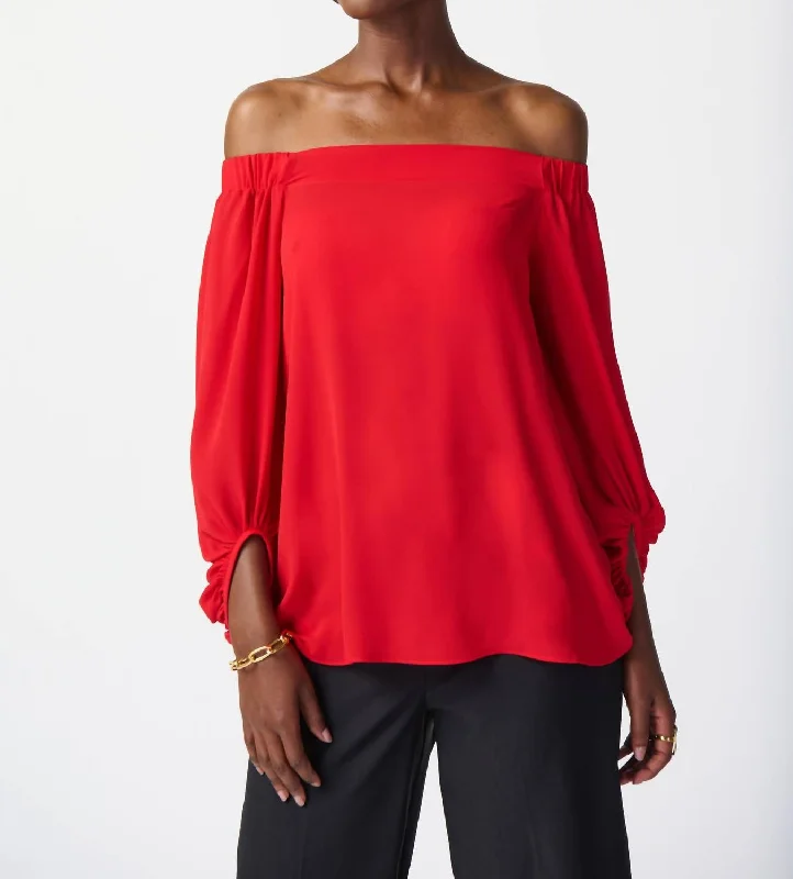 One-DAY Sale Georgette Off-Shoulder Flared Top In Radient Red