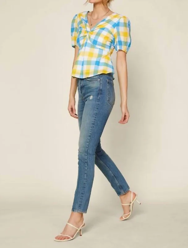 Factory Direct Sale Gingham Peplum Blouse In Yellow, Blue And White