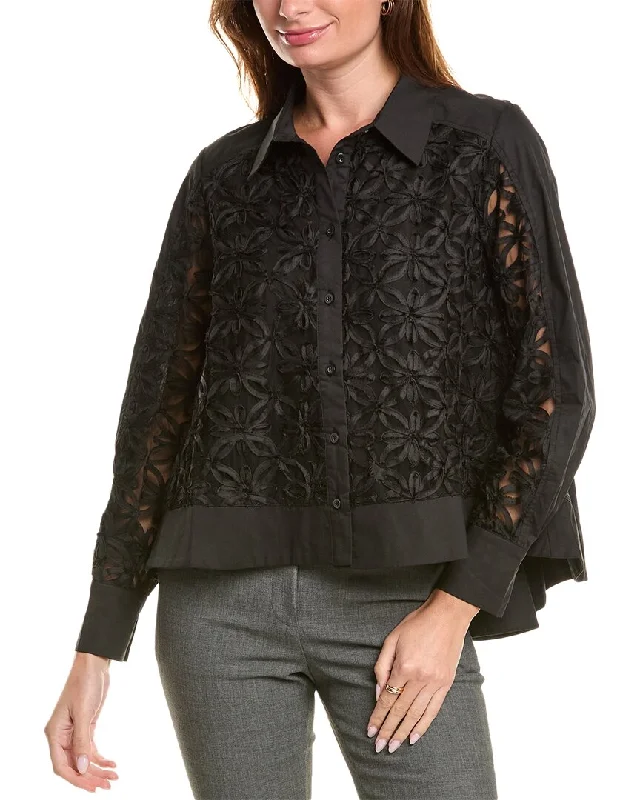 Overstock Gracia Contrast Mesh Embroidered High-Low Shirt