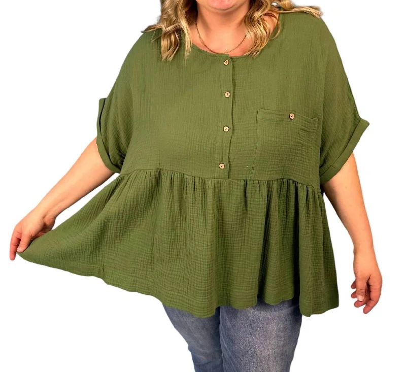 Best Deals Half Button Down Gauze Babydoll Top In Green