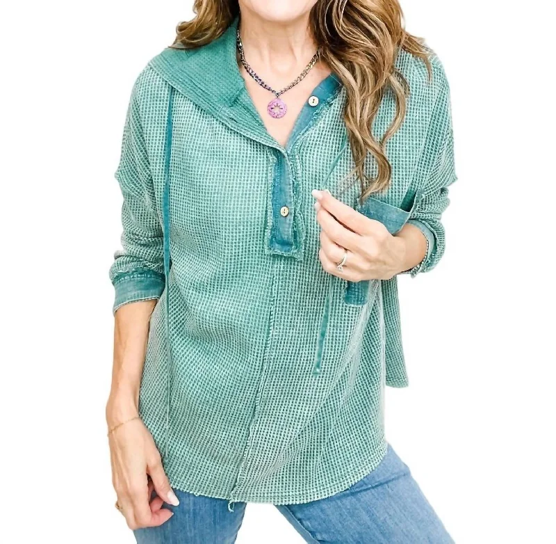 Crazy Deals Hooded Waffle Knit Top In Sage
