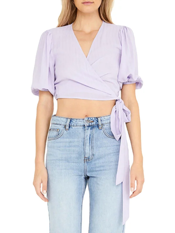 Super Deal Isabella Womens Striped Puff Sleeves Wrap Top