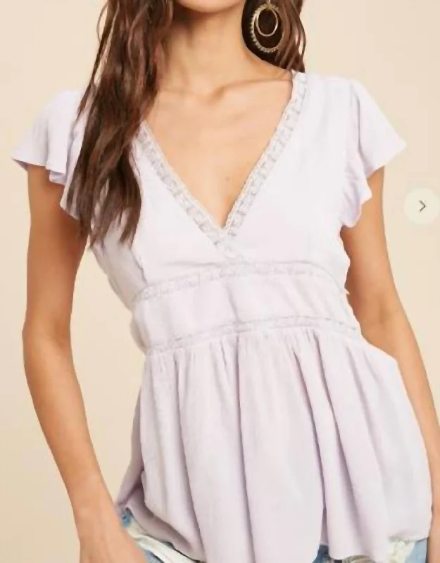 Stock Clearance Lace Accent V-Neck Blouse In Pale Lilac