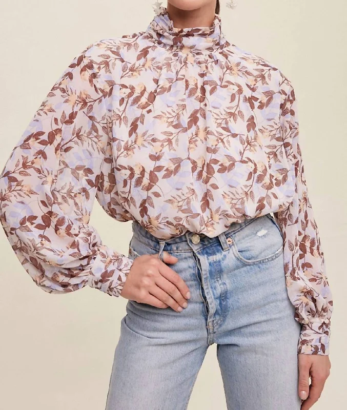 Price Slash Leaf Mock Neck Chiffon Top In Mocha