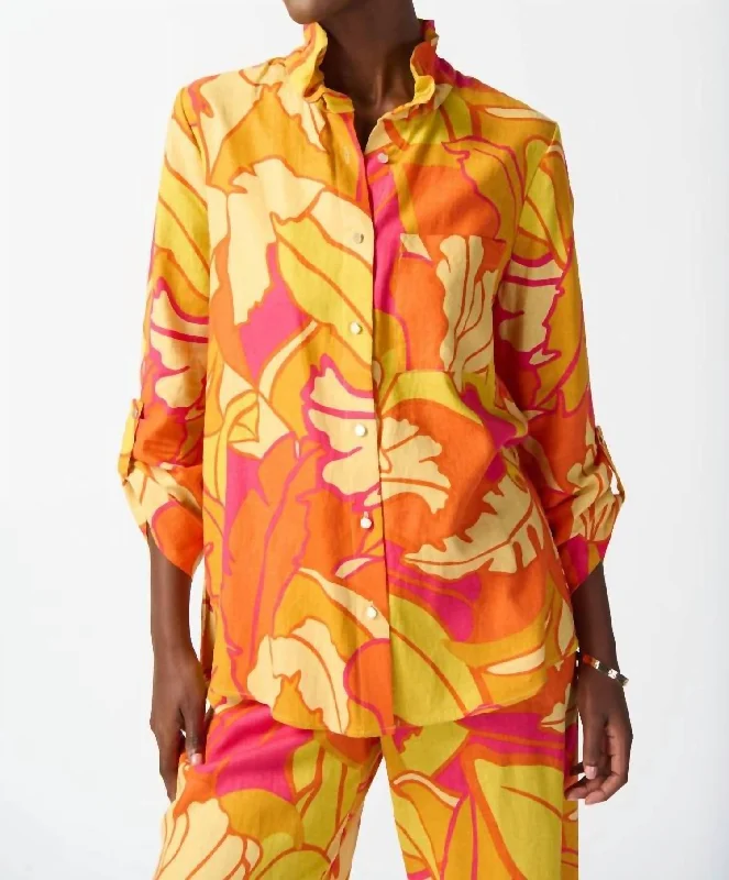 Bargain Prices Linen Blend Floral Print Trapeze Blouse In Orange/pink/multi