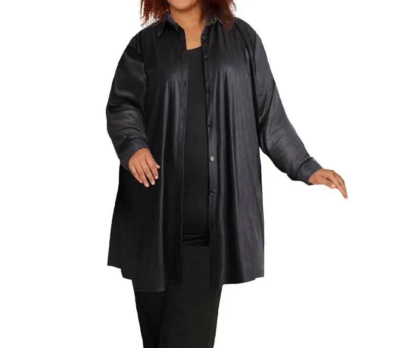 Price Fest Long Sleeve Button Up Rodie Oversize Tunic - Plus Size In Metallic Black