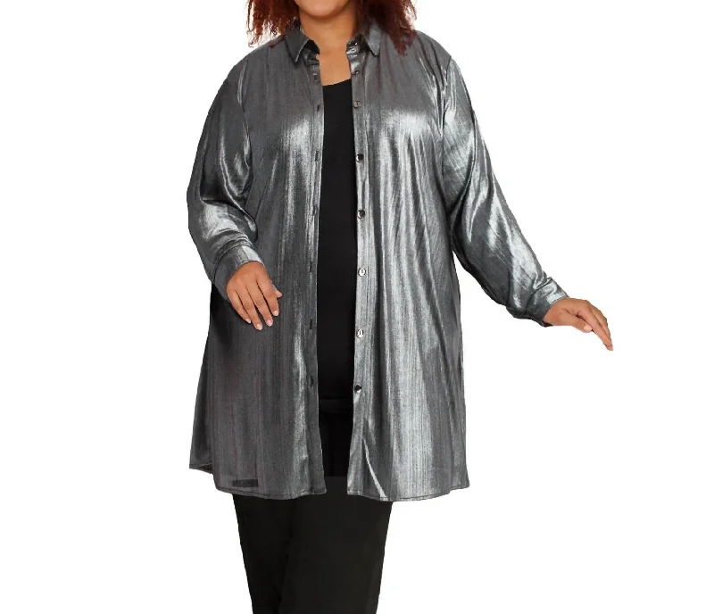 Markdown Madness Long Sleeve Button Up Rodie Oversize Tunic - Plus Size In Metallic Silver