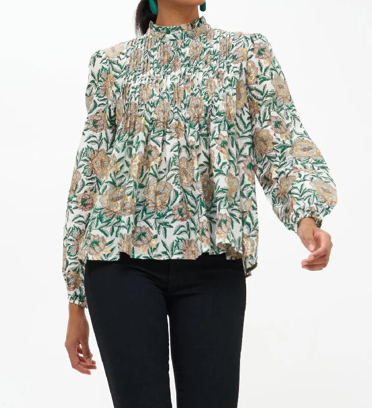 Reduced Prices Long Sleeve Pintuck Blouse In Green Hedera