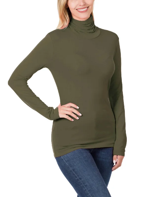 While Supplies Last Luxe Rayon Turtleneck Top In Dark Olive