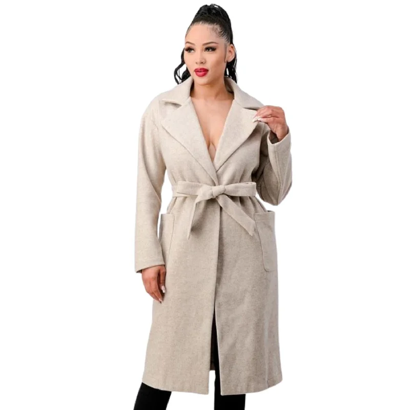 Year-End Sale Luxe Wool Waist Tie Side Pockets Midi Length Coat