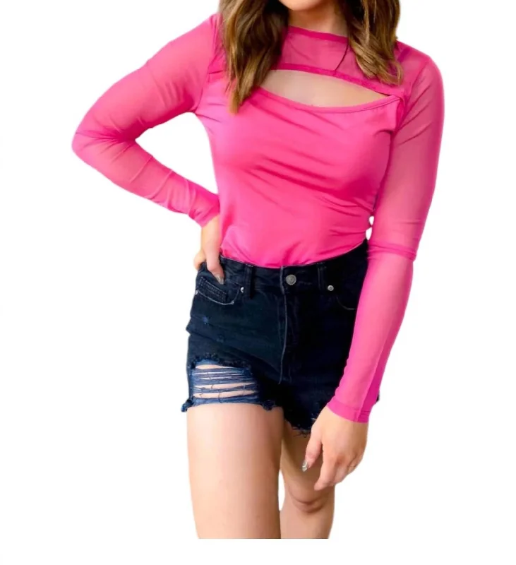 Price Drop Mesh Peek-A-Boo Bodysuit In Hot Pink