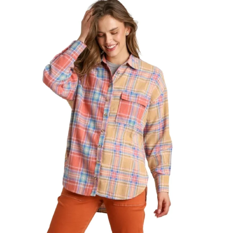 Bargain Blast Mixed Plaid Boxy Cut Button Down Flannel With Front Pocket