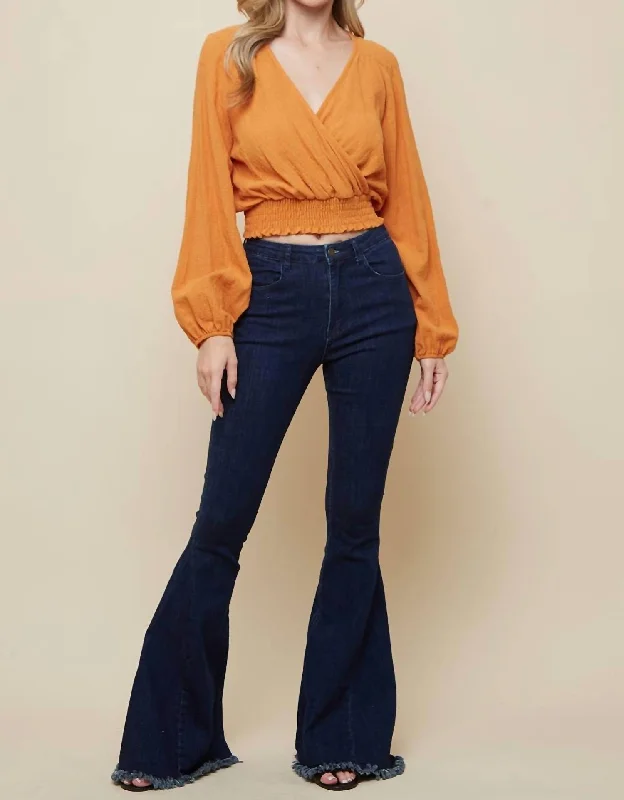 Super Bargain Overlap With Smocking Linen Top In Mustard