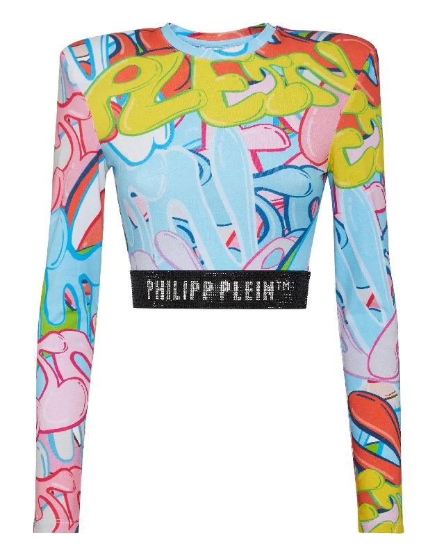 Take Advantage Padded Shoulder Cropped Top LS Bombing Graffiti