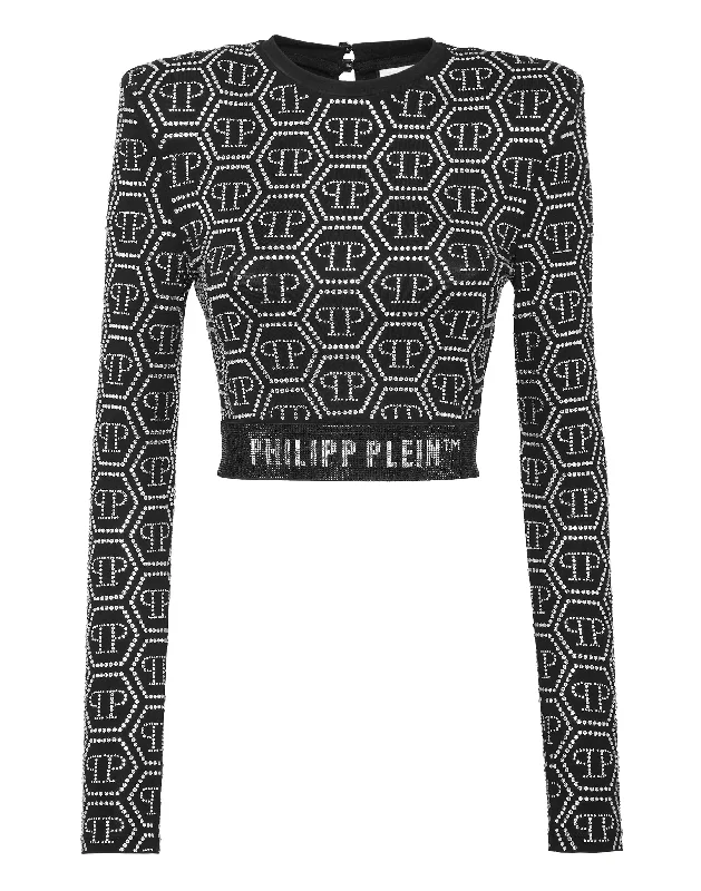 TIME-Limited Offer Padded Shoulder Cropped Top LS Monogram Strass