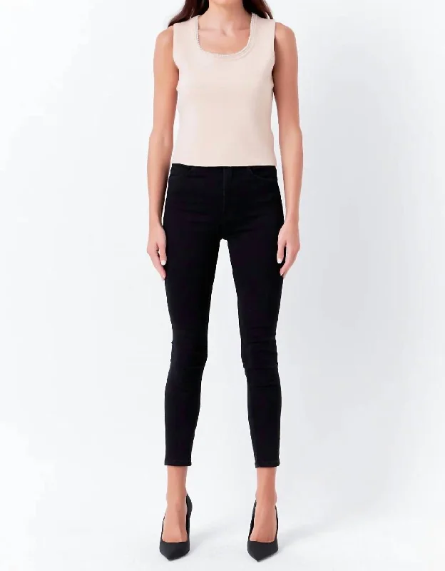 Reduced Prices Pearl Trim Knit Tank Top In Taupe