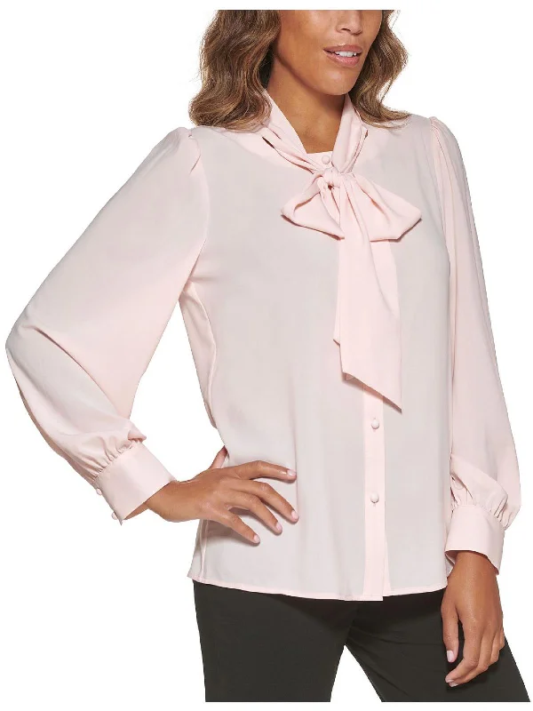 Hurry In Petites Womens Chiffon Tie Neck Blouse