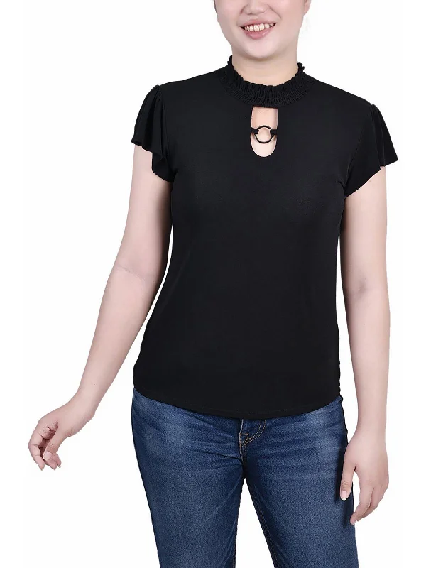 Best Bargains Petites Womens Smocked Mock Collar Keyhole Pullover Top