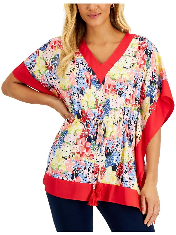 Buy Now Petites Womens V Neck Colorblock Pullover Top