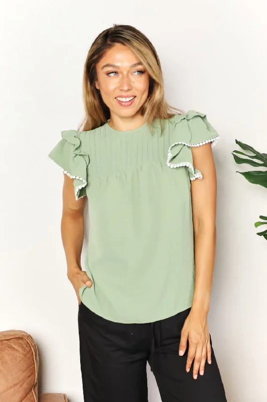 Price Cut Pleated Detail Flutter Sleeve Blouse