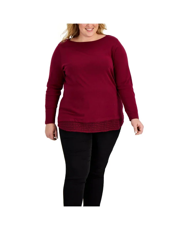 Last Chance Plus Womens Cotton Lace Hem Pullover Top