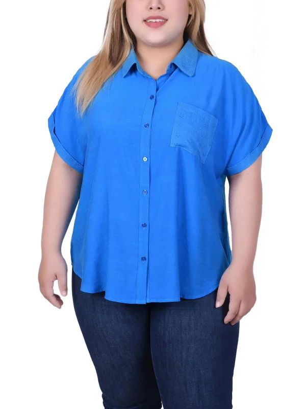 Unmissable Offer Plus   Womens Embroidered Collar Button-Down Top